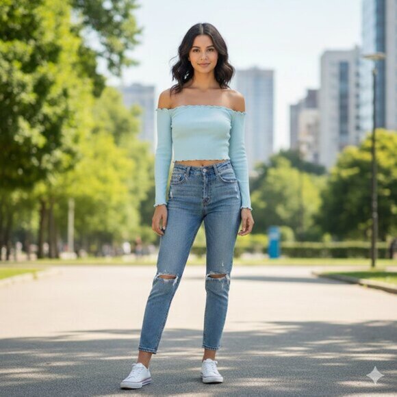 Shein Women’s Off The Shoulder Top Cropped Long Sleeves Pale Blue Size Medium - Picture 3 of 11